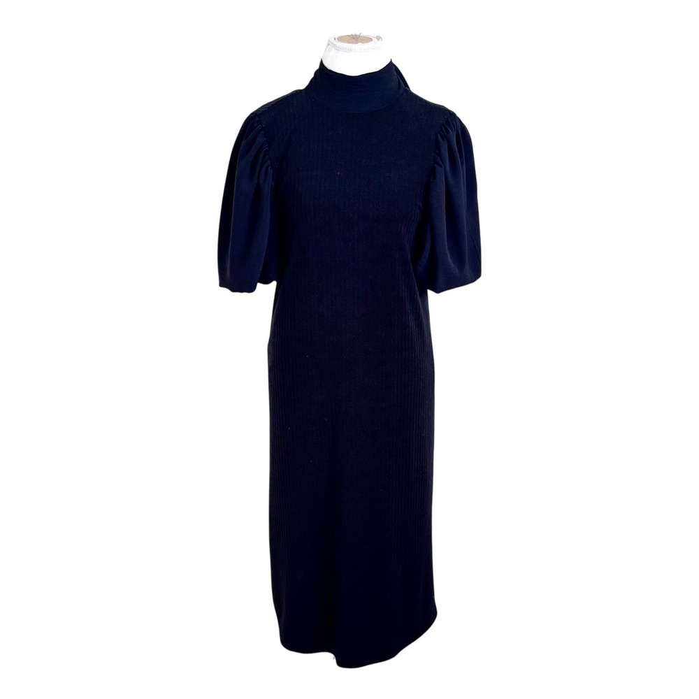 Anthropologie Self Contrast Tie‎ Back Puff Sleeve Shift Dress Size MP Black